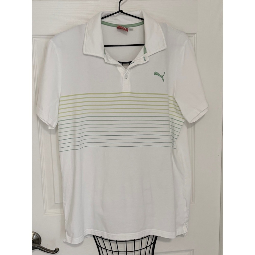 Puma Men's Golf Polo Large White Green Striped Short Sleeve Sport Lifestyle